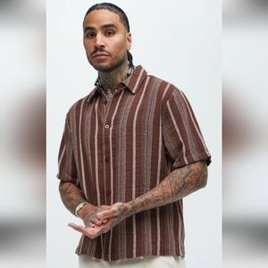 Brown Short-Sleeve Vertical Stripe Gauzy Button-Down Shirt Vacay Summer XL